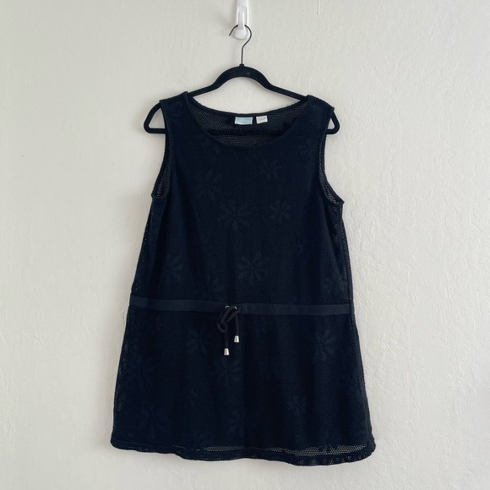 Y2K Kim Rogers Beach Black Sheer Floral Mini Dress Drop Waist Coverup Size Large
